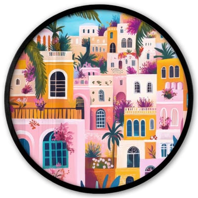 Poster in lijst Rond - Fotolijst 40x40 cm - Posters - Kleurrijk - Roze - Oranje - Geel - Bloemen - Ronde posterlijst zwart - Decoratie - Wanddecoratie woonkamer - Muurdecoratie slaapkamer