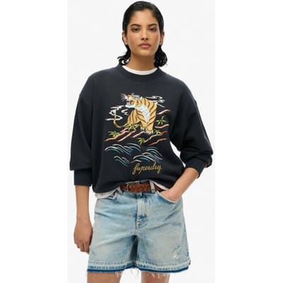 Superdry Wijdvallend Suika Sweatshirt met Ronde Hals en Borduursel Black Grootte: 38