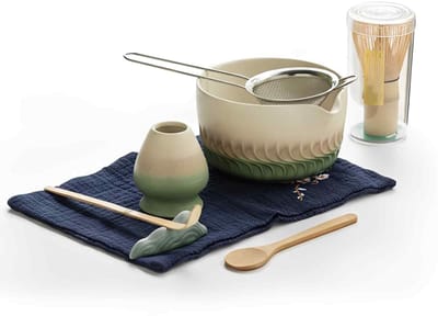 Matcha 8-delige set, Matcha-bezemset - Bamboe bezem, Matcha-kom met tuit, Bezemhouder, Theedoek, Lepel en houder, Matcha-ceremonie cadeau - Groen kleurverloop