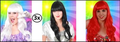 3x Pruik sensation longstyle zwart, wit en rood - Carnaval thema feest evenement festival fun