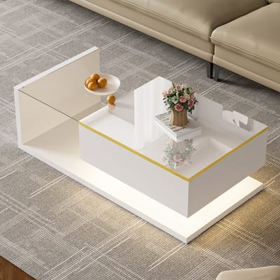 REDOM Salontafel 100x50x32,5 cm van spaanplaat met glazen blad, met open vak en LED