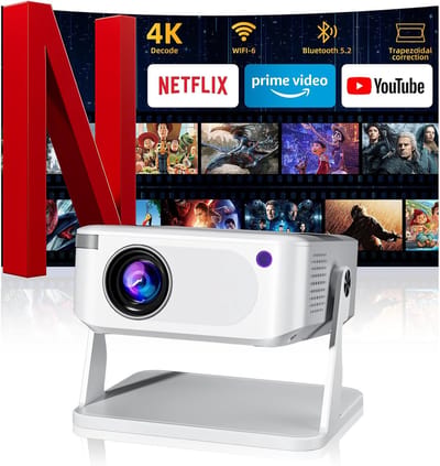 Miniprojector met WiFi 6 en Bluetooth 5.2, draagbare projector met 4K-ondersteuning, automatische verticale keystone-correctie (270° draaibaar), compatibel met smartphone/TV-stick/box/USB/HDMI
