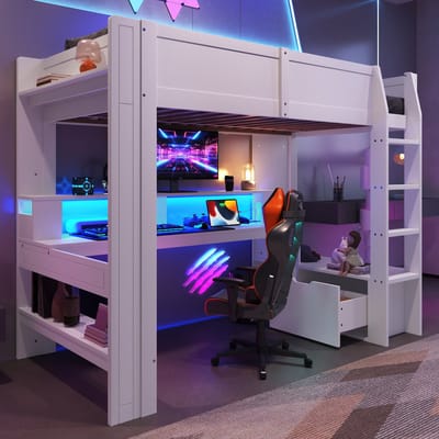 Wishdor – Hoogslaper met bureau en ledverlichting – 90 x 200 cm – Grenenhout en MDF – Wit