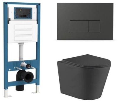 QeramiQ Dely Toiletset - inbouwreservoir Qeramiq Flush - slim zitting - kunststof mat antraciete bedieningsplaat - rechthoekige knoppen - mat zwart