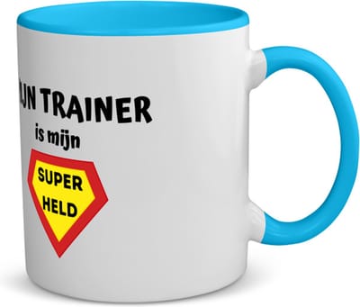 Akyol - mijn trainer is mijn superheld koffiemok - theemok - blauw - Trainer - super trainer - sport - verjaardag - cadeautje voor trainer - trainer artikelen - kado - geschenk - 350 ML inhoud