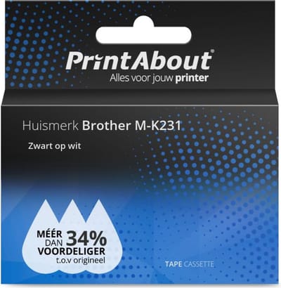 PrintAbout huismerk Tape M-K231 Zwart op wit (12 mm) Geschikt voor Brother