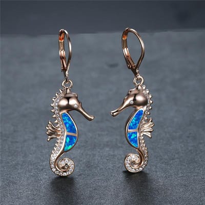 Schattige Vrouwelijke Zeepaardje Hoop Oorbel Witte Blauwe Opaalsteen Dierensieraden Roségoud Kleur Trouwoorbellen Voor Vrouwen gray