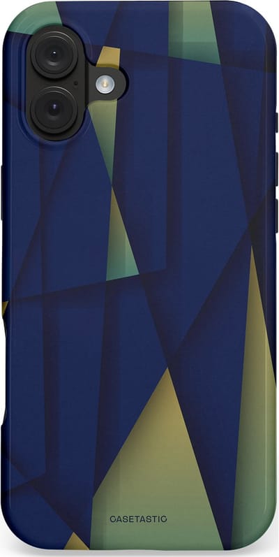 Casetastic hoesje geschikt voor Apple iPhone 16 Plus - MagSafe - Dubbellaagse bescherming - Blauwgroene Driehoeken - Fashion Case - Donkerblauw Saliegroen Donkergrijs