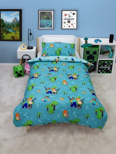 Minecraft 'Level Up' Dekbedovertrek – Eenpersoons – 140x200 cm – Inclusief Kussensloop – Turquoise/Blauw