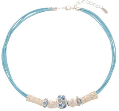 Behave - Korte ketting met 6 rijen waxkoord, licht blauw-mat zilverkleur - 44 cm + verlengketting