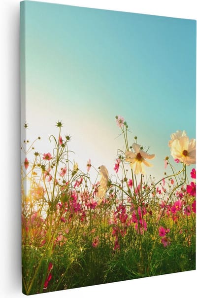 Artaza Canvas Schilderij Bloemenveld - 40x50 cm - Muurdecoratie Roze Bloemen - Wanddecoratie Woonkamer - Kamer Accessoires