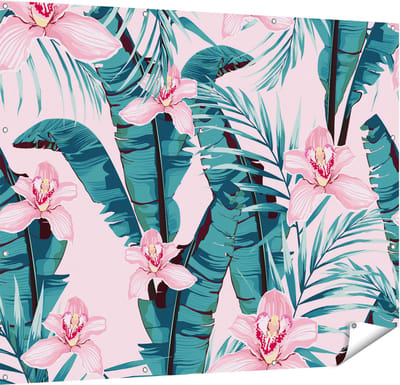 Gards Tuinposter Tropische Roze Zomer Bloemen met Bladeren - 150x120 cm - Tuindoek - Tuindecoratie - Wanddecoratie buiten - Tuinschilderij