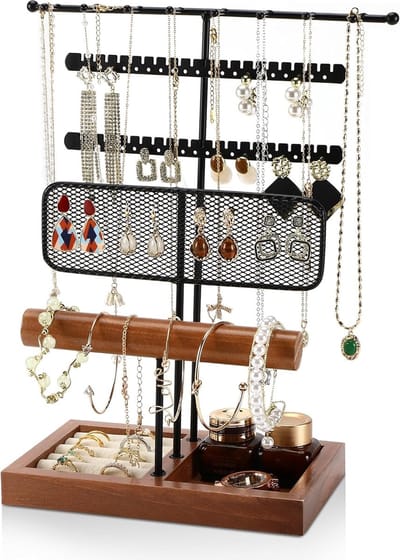 Sieradenstandaard, sieradenhouder, sieradenorganizer met ringbasis, kettingstandaard, sieradenopslag met 40 gaten, oorbelhouder, voor ringen, horlogestandaards, armbandhouder, kettingopslag