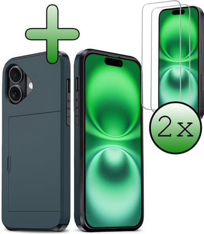 Hoes Geschikt voor iPhone 16 Hoesje Hard Case Met Pas Houder Met 2x Screenprotector - Hoesje Geschikt voor iPhone 16 Hoes Shockproof Hard Cover Met Kaarthouder - Donkerblauw