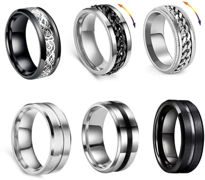 6 stuks zwarte fidget-bandringen voor heren, roestvrij staal, coole twisted ketting, angst-ringen, zwarte spinner ringenset voor mannen en vrouwen, maat