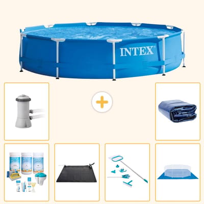 Intex Rond Frame Zwembad - 366 x 76 cm - Blauw - Inclusief Onderhoudspakket - Solar Mat - Schoonmaakset - Grondzeil - Zwembadfilterpomp - Solarzeil - 7-delig