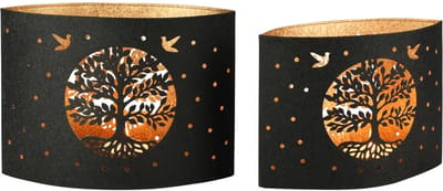 Dekoratief | Set 2 windlichten 'Tree of Life', zwart/goud, metaal, 25x12x18cm | A258042