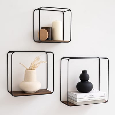 Unyqoos ® Stijlvolle Wandrekken Set van Drie Stuks met Houten Elementen en Industriële Uitstraling