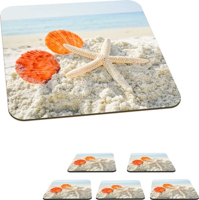 Onderzetters voor glazen - Strand - Schelpen - Zeester - 10x10 cm - Glasonderzetters - 6 stuks