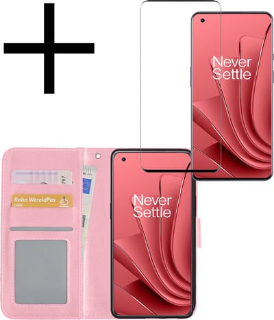 Hoesje - Met Screenprotector - Geschikt voor OnePlus 10 Pro - Luxe Pasjeshouder - Bookcase Portemonee - Flip Case - Kunstleer Book Case - Flipcase - Book Cover - Walletcase - Portemonneehoes - Lichtroze
