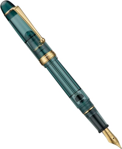 Vulpen met vacuüm navulling, medium nib, transparant teal acryl, grote capaciteit en cadeauverpakking