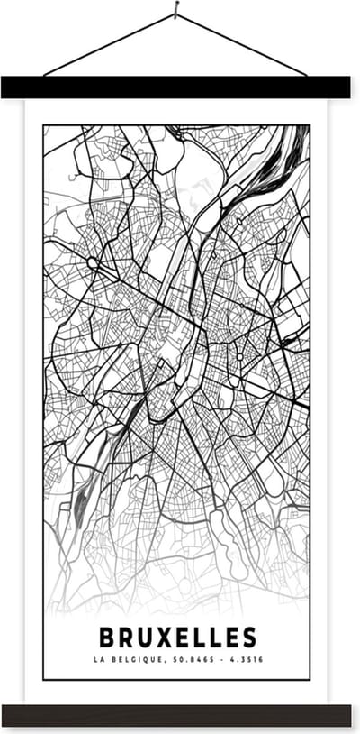 Posterhanger incl. Poster 40x80 cm - Schoolplaat - Stadskaart – Zwart Wit - Kaart – Bruxelles – België – Plattegrond - Textielposter - Zwarte latten - Stadskaart