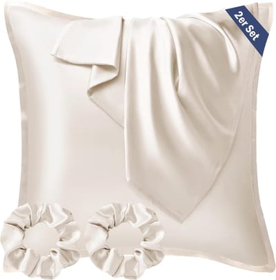 Famanu - Satijnen kussensloop 80 x 80 cm, set van 2 stuks, zacht als zijden kussensloop, veganistisch zijde, hoofdkussen voor haar en huid, met haarelastiekjes, beige