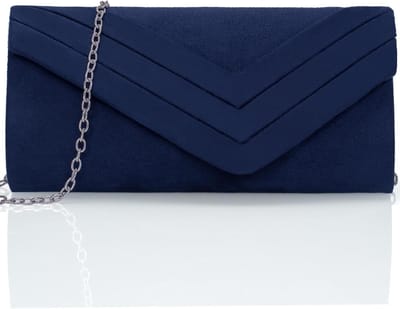 Elegante Clutch in Donkerblauw Suède voor Dames met Afneembare Ketting - Klassieke Handtas voor Avond, Bruiloft en Feestjes - 22 x 11 x 5 cm