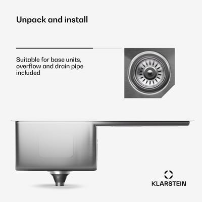 Klarstein roestvrijstalen keukenwastafel, 79x44 cm, inclusief overloop en zeef - kraancompatibel, keukenwastafel - kwaliteit, hygiëne en functionaliteit gecombineerd in één product