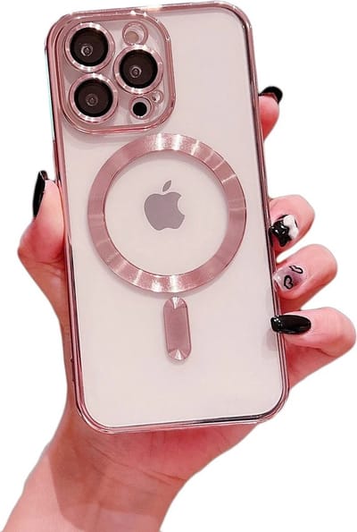 iPhone 14 Pro Max Magnetisch Hoesje Met Lensbeschermer - magsafe compatibel - siliconen - Transparant gekleurde rand - Rosegoud