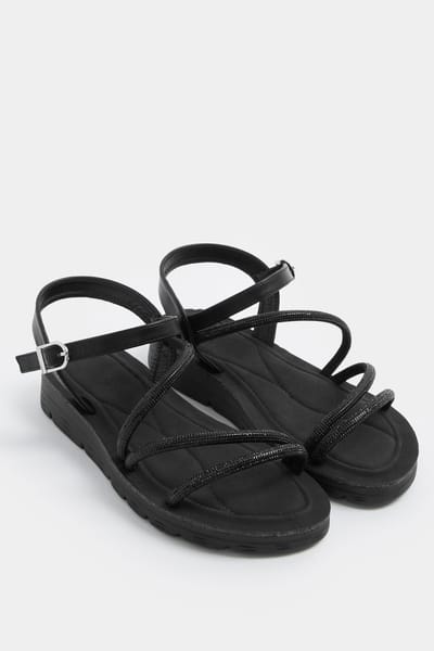 Yours Zwarte Comfortabele Sandalen Met Glitter In Extra Brede Eeepasvormsize 37EEE