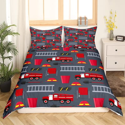 Brandweerwagen Dekbedovertrek Set Eenpersoons Maat Rood Brandweermannen Auto Voertuig Beddengoed Set Brandweerwagen Patroon Voor Jongens Bandenprint Quiltovertrek 155x215cm 3pcs