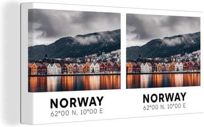 Canvas Schilderij Noorwegen - Scandinavië - Bergen - 40x20 cm - Wanddecoratie
