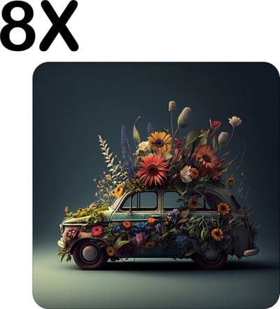 Luxe Placemat - Kustige Bloemen Auto - Set van 8 Placemats - 50x50 cm - 2 mm dik Vinyl - Anti Slip - Afneembaar