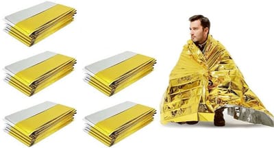 Nooddeken - 5stuks - Waterdichte overlevingsdeken - Survival Slaapzak - Herbruikbaar - Extra Groot - 210 * 160 cm - Waterdicht - Mylar Survival Verwarmde Deken - Geschikt voor Kamperen, Wandelen, Eerste Hulp - Zilver/Goud