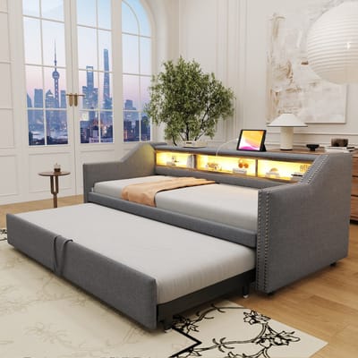 Wishdor Gestoffeerde Slaapsofa 90/180x190 cm – Uitschuifbed – USB & LED – Donkergrijs Linnen – Slim & Sfeervol