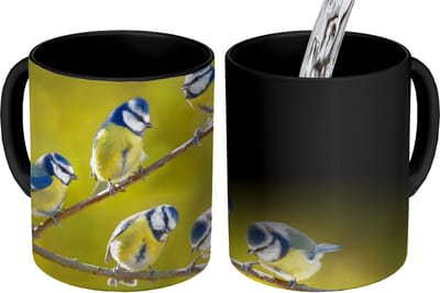 Magische Mok - Foto op Warmte Mokken - Koffiemok - Vogel - Pimpelmees - Takken - Zon - Magic Mok - Beker - 350 ML - Theemok