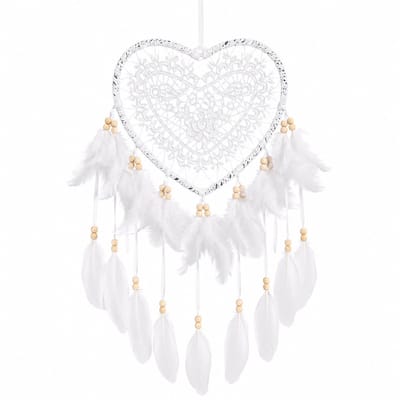 Okado Dromenvanger Hart Wit 60 cm – Grote Dreamcatcher met Veren en Kraaltjes – Wanddecoratie Slaapkamer – Ø 15 cm
