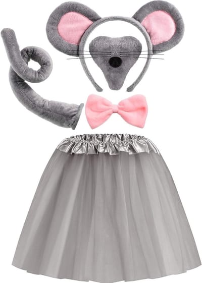 Kinderen Halloween Muizenkostuum Set met Tutu Rok, Dierlijke Oren, Neus, Staart en Strik Accessoires voor Feestjes en Verkleedpartijen