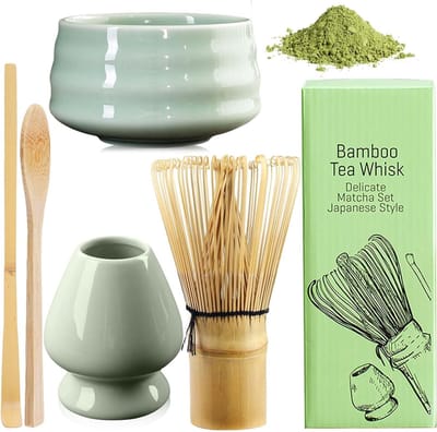 Famanu Matcha set, Matcha theeset, matcha set met keramische gardehouder, matcha schaal van keramiek, matcha bezem en 2 bamboelepels, Japanse matcha bezemset voor de matcha-ceremonie (cyaan)