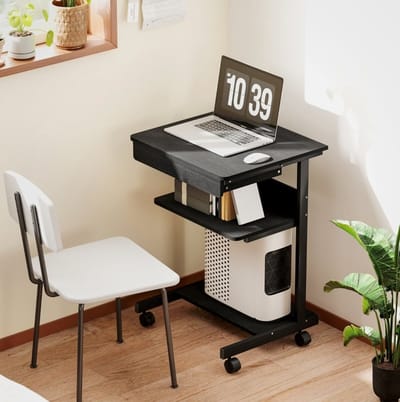 MEUNIQ compact bureau 56 x 51 x 79 cm met lade, planken en 4 wielen, verrijdbaar computerbureau voor werkkamer, studeerkamer of slaapkamer, zwart