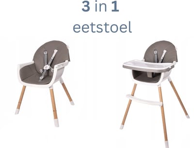 MOZY® - 3 in 1 Babystoel - Grijs - tot 20 kg - Verstelbare Poten - Kinderstoel - 5-Puntsgordel - Groeit Mee - Eetstoel
