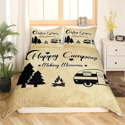 Happy Camping Dekbedovertrek King, Zomer Kamperen Decoratie Beddengoed Voor Jongen Tieners Familie, Strandvakantie Stijl Dekbedovertrek Set 200x200cm 3pcs