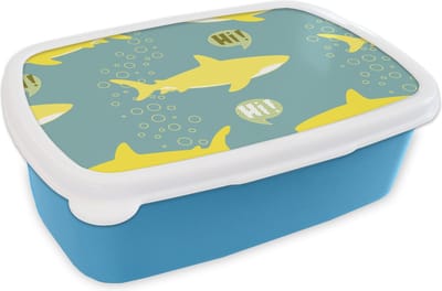 Broodtrommel Blauw - Lunchbox - Brooddoos - Haai - Cartoon - Geel - Patronen - Tiener - 18x12x6 cm - Kinderen - Jongen