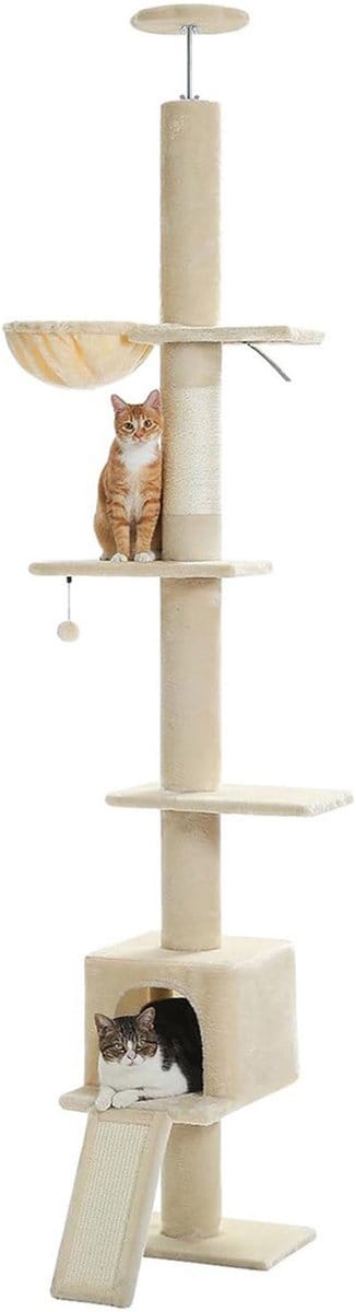 Kattenu TreeTower - Hoge Krabpaal plafond - Verstelbaar van 210-274 cm - Beige - Inclusief Hangmat en Katten huisje