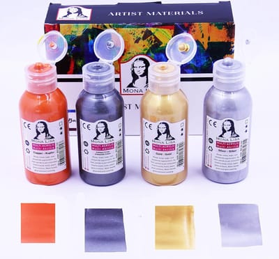 Südor Metallic acrylverfset - 4 kleuren - 100 ml - goud, zilver, koper en antiek zilver - geschikt voor papier, canvas, hout, steen, stof, metaal, gieten enz. 4 x 100 ml (metallic)