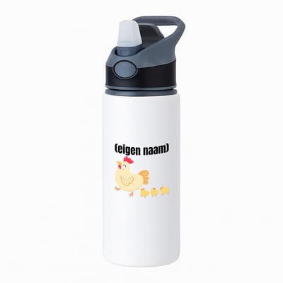 Hacebo® - kip met kuikens met eigen naam waterfles met rietje zwart - Kippen - kippen liefhebbers - iemand die houdt van kippen - verjaardag - cadeau - kado - water fles - 650ML