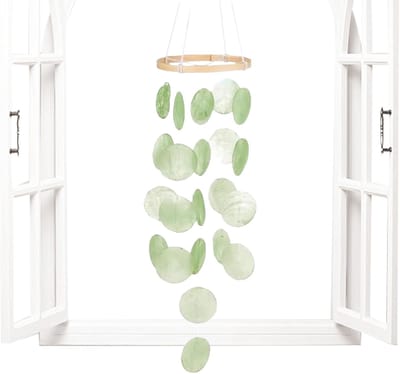 Schelp windspel - Natuurlijke decoratie - Tuin balkon - Rustgevende geluiden - 43 cm lang - Groen