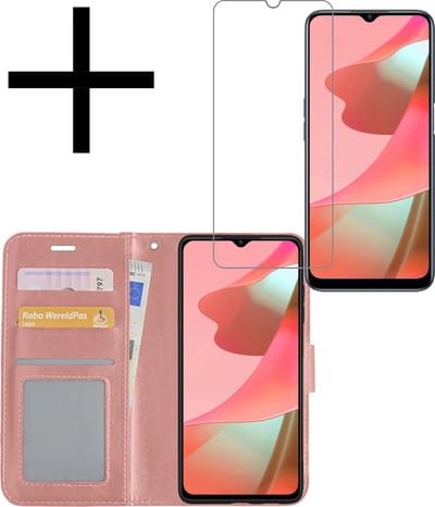 Hoesje - Met Screenprotector - Geschikt voor OPPO A16 - Luxe Pasjeshouder - Bookcase Portemonee - Flip Case - Kunstleer Book Case - Flipcase - Book Cover - Walletcase - Portemonneehoes - Rosé goud