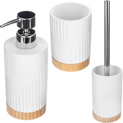 KADAX Set van 3 voor badkamer, tandenborstelbeker, afwasmiddeldispenser en toiletborstel, decoratieve tandenborstelbeker, moderne zeepdispenser, wc-garnituur (rond wit)